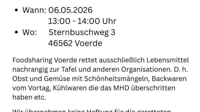 Lebensmittelverteilung in Voerde - In Zusammenarbeit mit Foodsharing Voerde, finden in den Räumlichkeiten der AWO Begegnungsstätte am Sternbuschweg 3 in 46562 Voerde regelmäßig kostenlose „Lebensmittelfairteilungen“ statt.